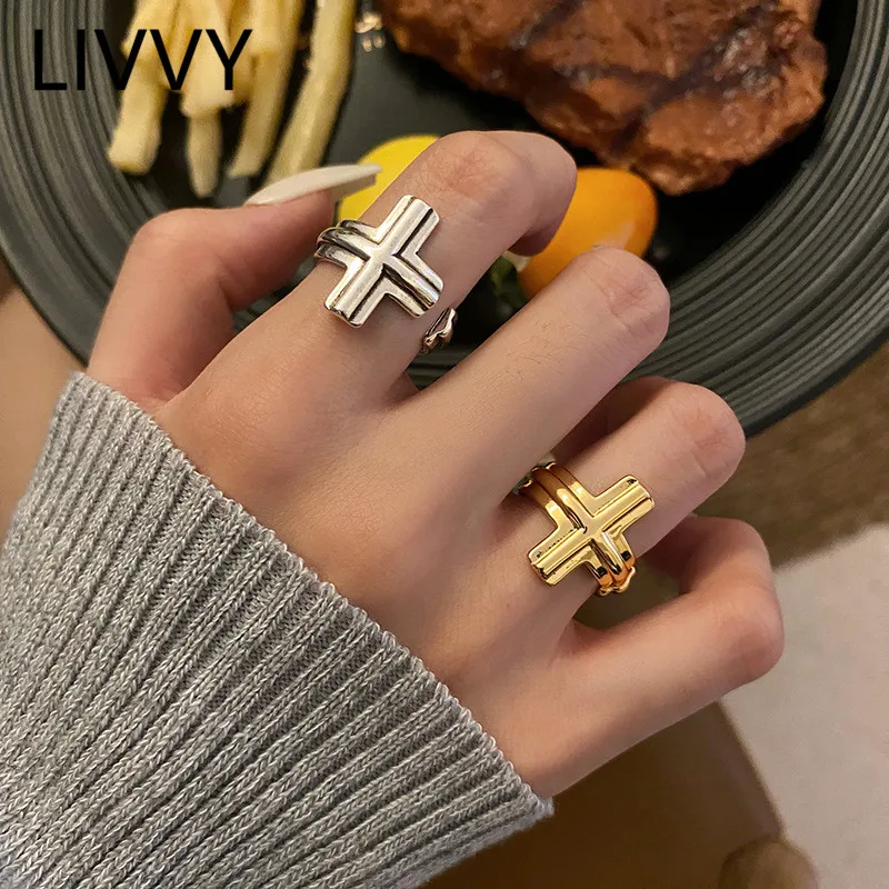 

LIVVY Silver Color Creative Open Adjustable Ring For Women Cross Shape Minimalist Irregular Jewelry Birthday Gift