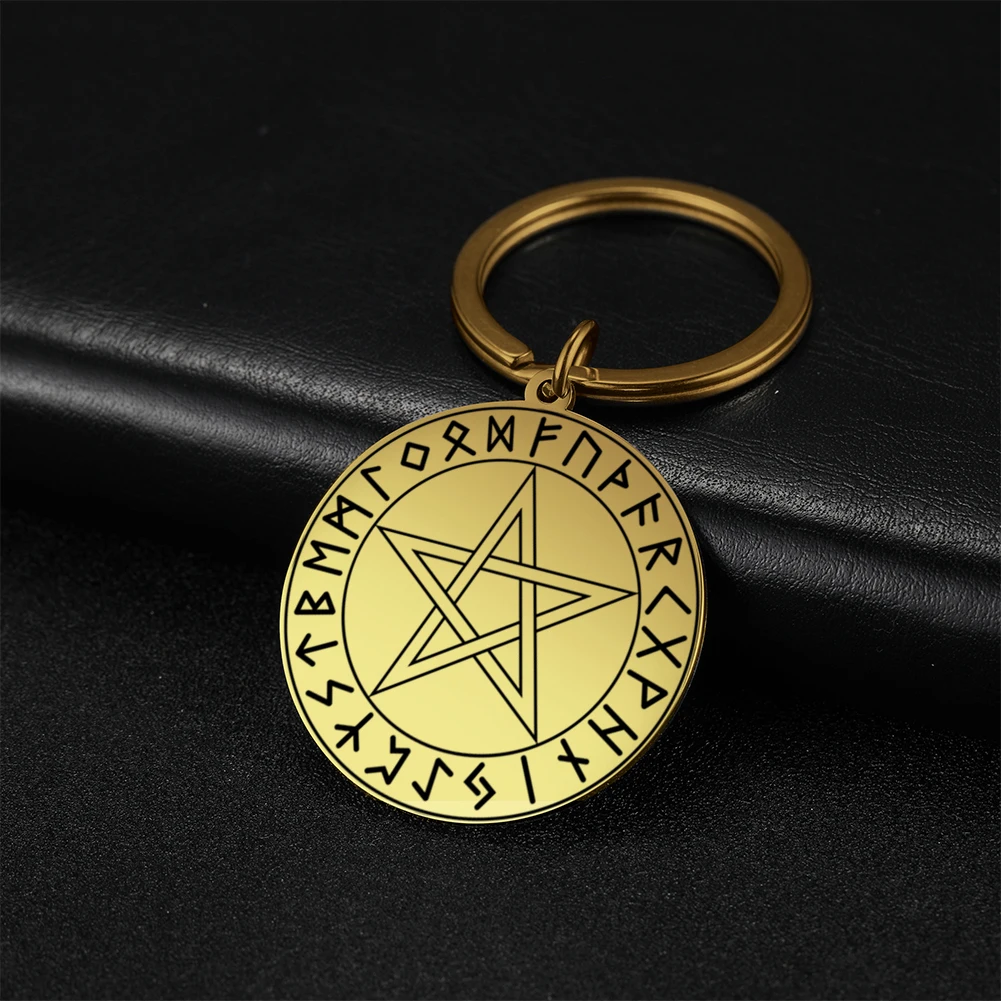 Lemegeton Viking Yahweh Pendant Car Key Chain Retro Solomon Magic Pentagram Keeper Key Chain Stainless Steel Jewelry Gift