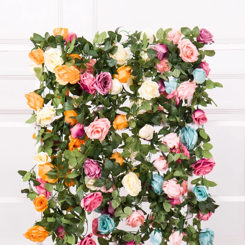 

215cm Artificial Flowers Silk European Roses rattan Ivy Vines plastic flower hanging garland wreath Home Wedding Wall Decoration