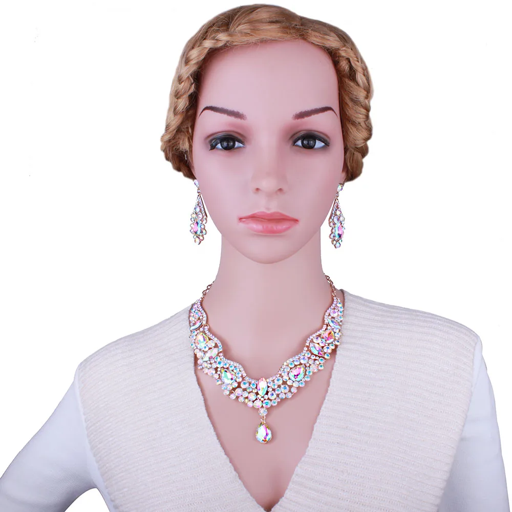 FARLENA Wedding Jewelry Clear Crystal Rhinestones Water Drop Necklace Earrings Set for Women Bride Dubai Sets
