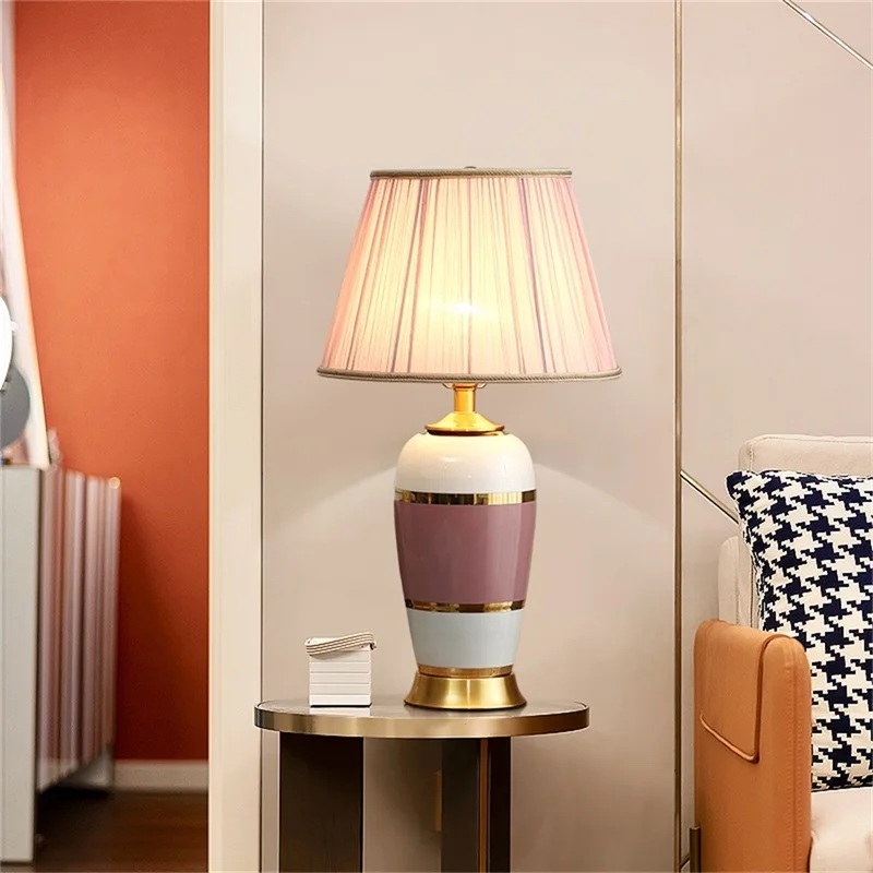 OURFENG Luxury Table Lamps For Bedroom Pink Ceramic Copper Desk Light Home LED Decorative For Living Room Office