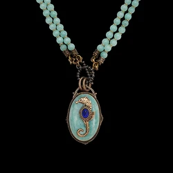 Amorita boutique marble stone chain Seahorse design emerald green natural  stone Vintage Necklace