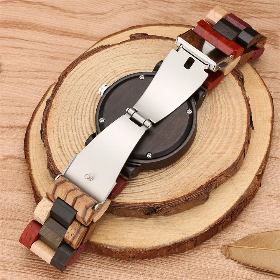 Full Wood Women Bracelet Watch Blue Lava Dial Mixed Color Wooden Watch Band Trend Lady Quartz Wristwatch Female Timepiece