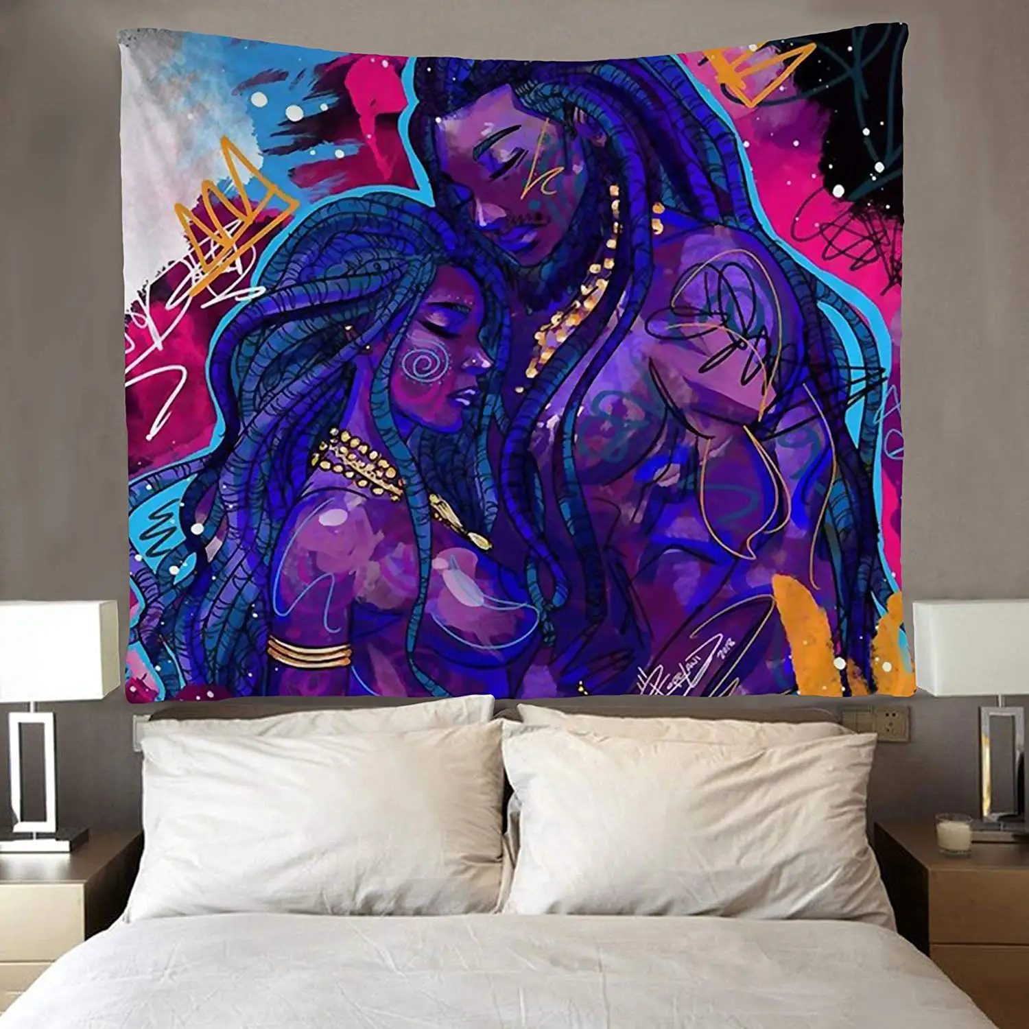 Hippie Art African American Women Lover Couple Tapestries Wall Hanging for Bedroom Living Room Dorm