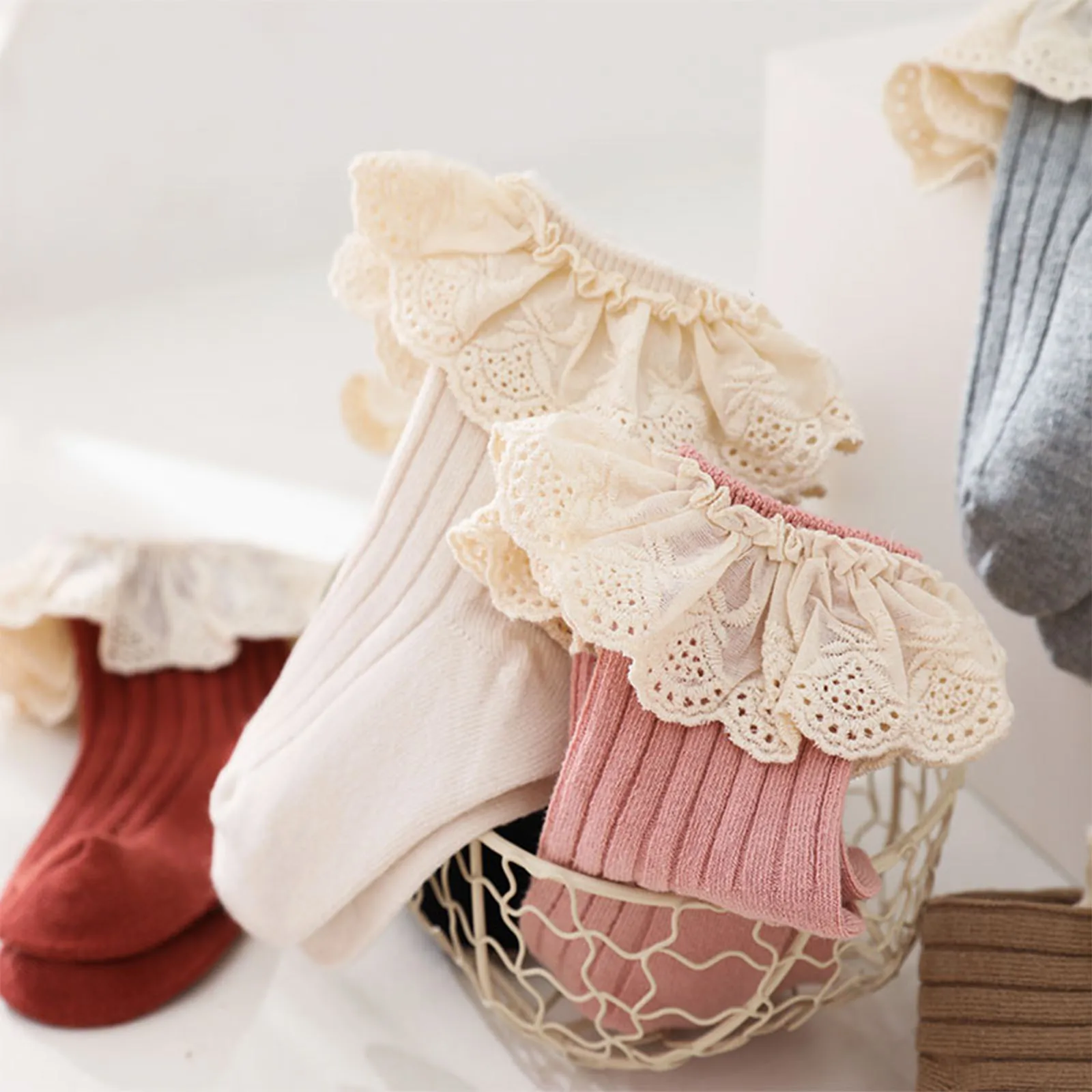 幼児用プリンセスソックス,無地,レース裾,伸縮性,0〜5歳