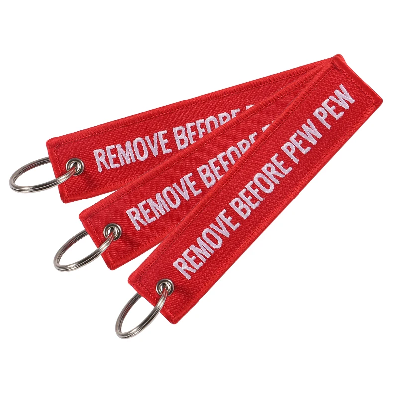 5 PCS/LOT Red REMOVE BEFORE PEW PEW Keychain For Aviation Gift Christmas Keychains Luggage Tag Embroidery Crew Key Chain