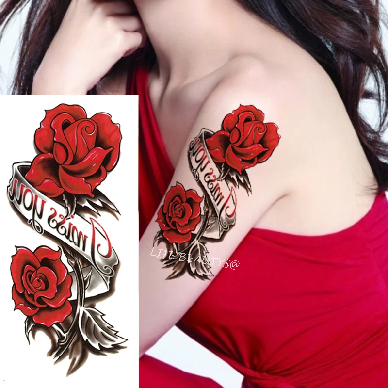 Beauty Colorful Flower Lotus Black Rose Waterproof Temporary Tattoo Body Art Arm Sleeve Water Transfer Fake Women Sticker