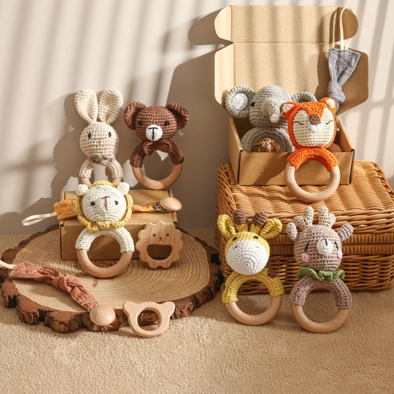 1Set Baby Crochet Teether Rattle Safe Beech Wooden Teether Ring Pacifier Clip Newborn Mobile Gym Educational Toy Birthday Gift