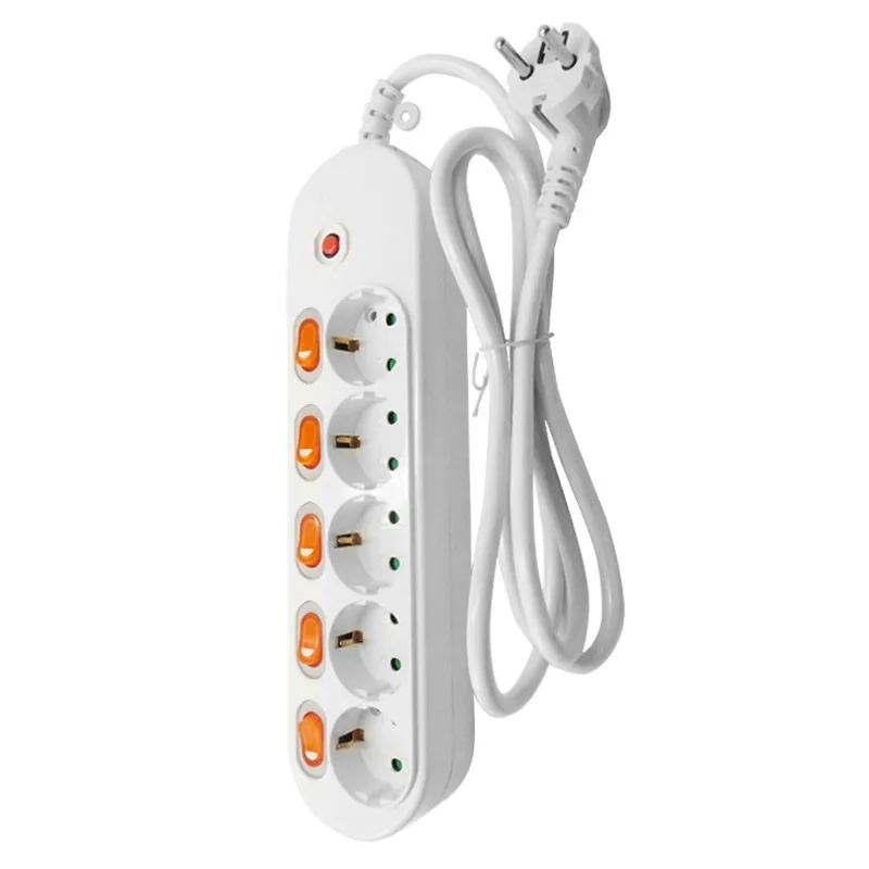 European Germany Extension Cord Socket 1.5/2.5M EU Power Plug 5AC Outlets Charging Port Separate Switch Control Electric Socket