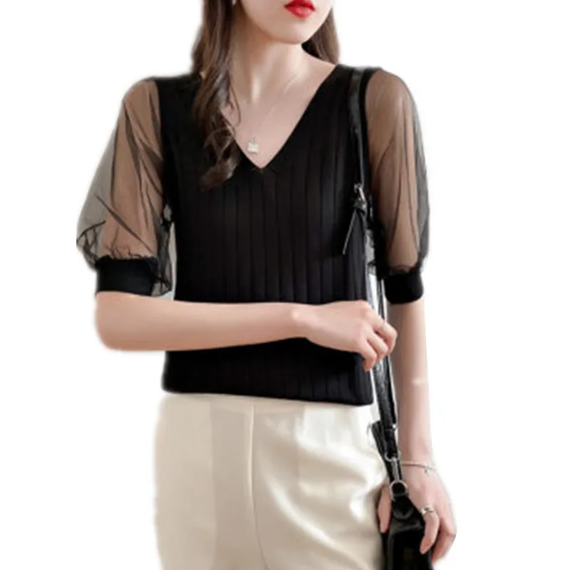 

2022Summer New V-neck ice silk short-sleeved t-shirt women net yarn half-sleeved stitching knitted top loose bottoming shirtA296