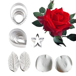 Moldes de silicona con forma de Rosa y hoja, herramientas de decoración de pasteles de flores, molde de pasta de goma de Chocolate, cortador de CS409 Sugarcraft, 5 estilos