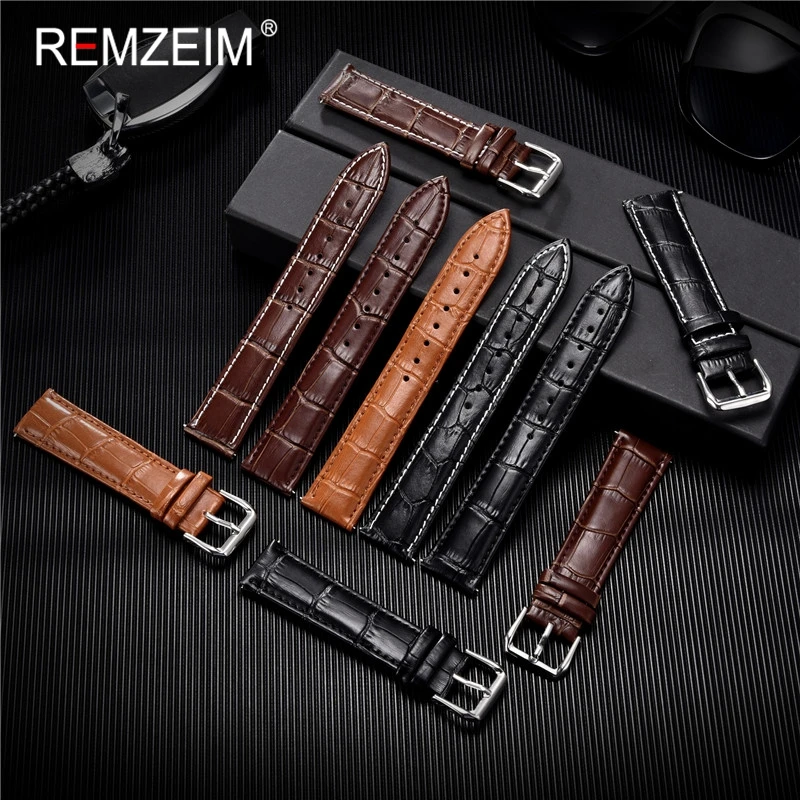 

REMZEIM Calfskin Leather Watchband Universal Watch Band Wrist Strap 16mm 18mm 20mm 22mm 24mm With Silver Stainless Steel Buckle