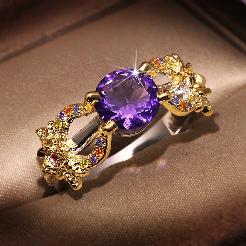 High quality Neo-Gothic Rings Women Wedding Band Golden Color Flowers bow with Purple Zircon Fashion Jewlery Wholesale