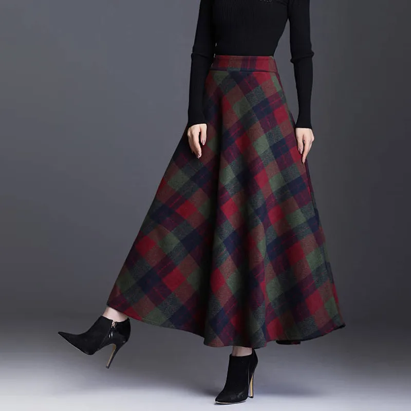 Plaid Tall Waist Long Skirts For Women Autumn Winter Elegant Korean Fashion Maxi Skirt Mom Plus Size 3xlcasual  Loose Wool Skirt