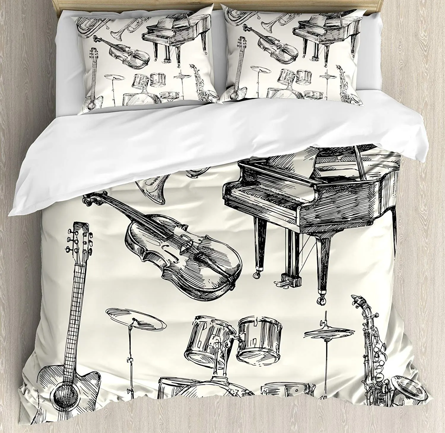 Jazz Music Bedding Set Collection of Musical Instruments Sketch Style Art with Trumpet Piano Guitar Duvet Cover Pillowcase