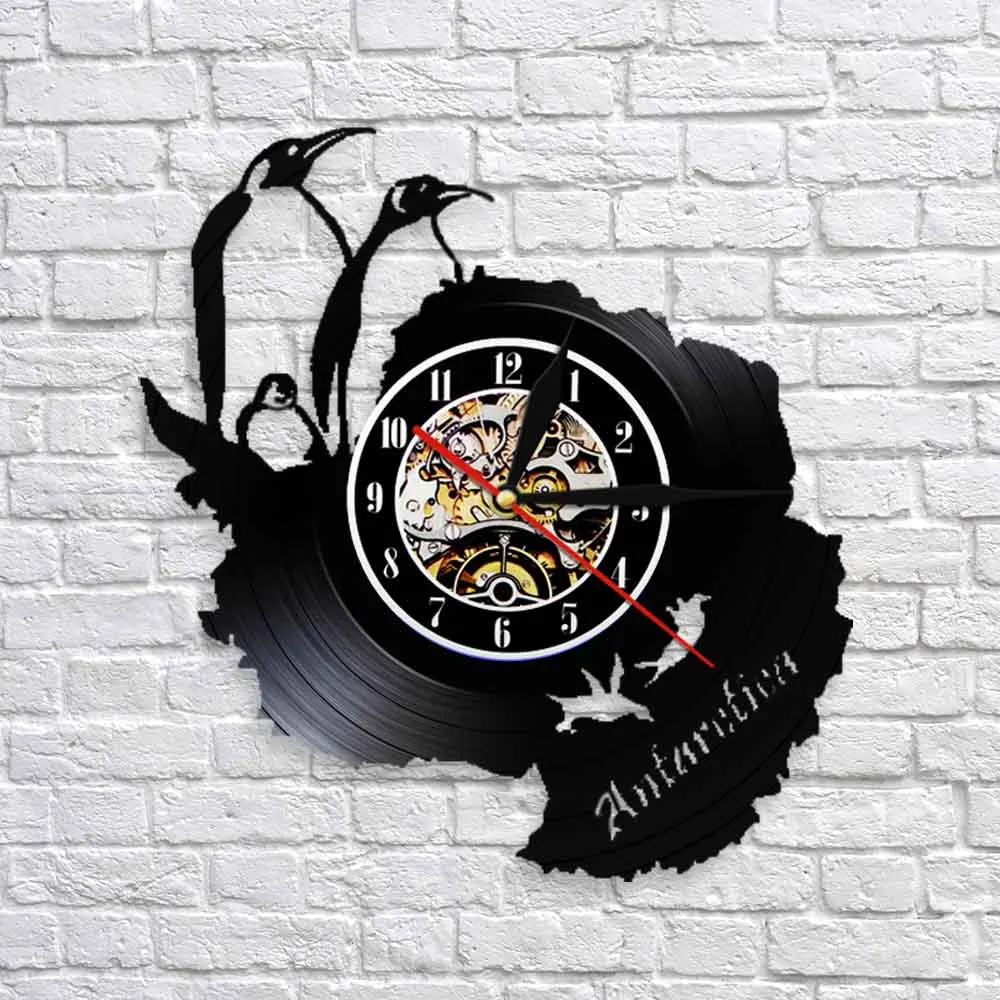 Cute Antarctic Penguins Family Vinyl Record Wall Clock Modern Design Home Decor Wall Watch For South Pole Seabird Penguins Gift