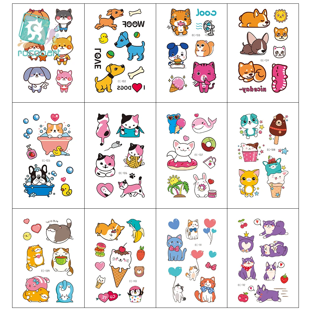 Kids Cartoon Animals Waterproof Temporary Tattoo Cute Pet Cats Dogs Tattoo Stickers Children Boy Girl Fake Body Art Flash Tatoo