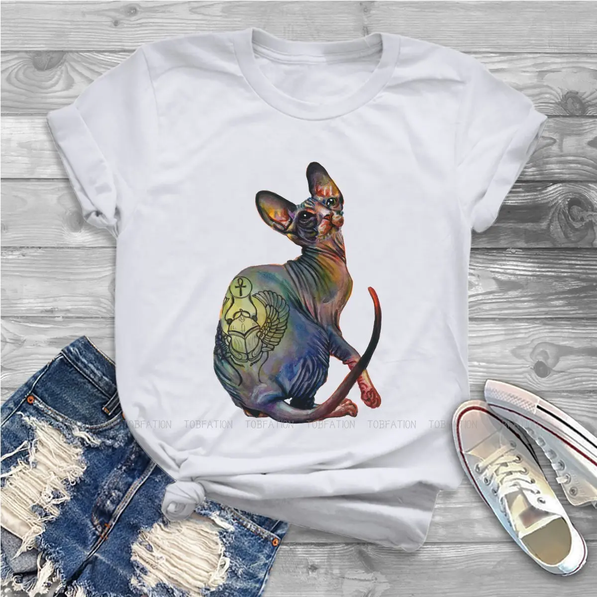 Tattooed Female Shirts Canadian Sphynx Cat Loose Vintage Women Clothing Harajuku Casual Feminine Blusas