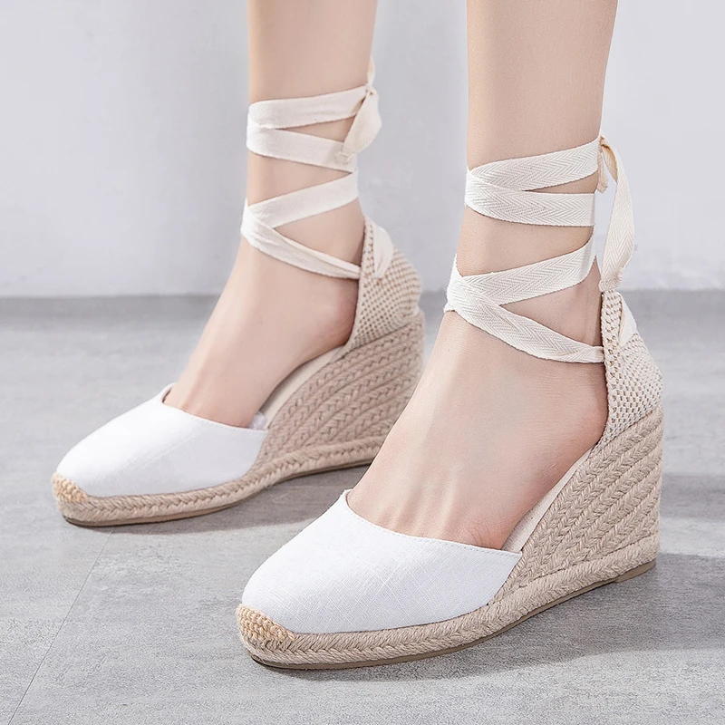 Cap Toe Platform Wedges Sandals for Women, Classic Soft Ankle-Tie Lace up Espadrilles Shoes