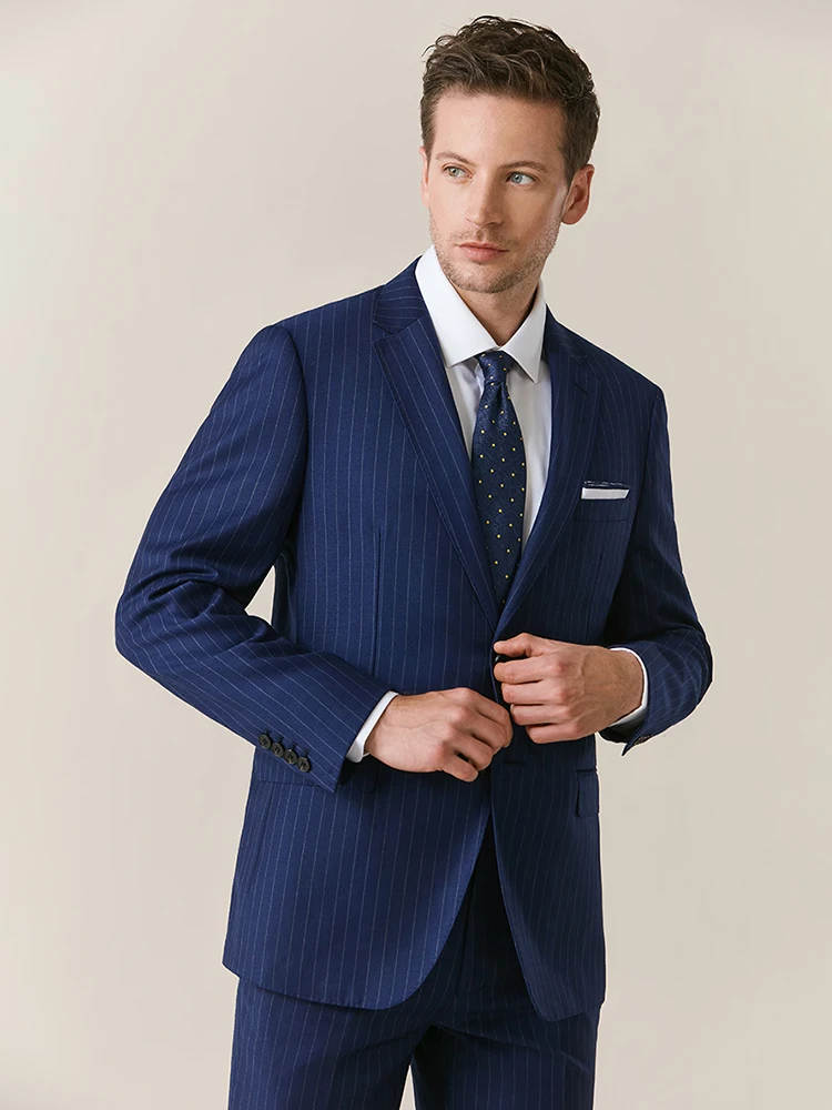 100% 130S Wool Suit Set Men Groom Wedding Dress Clothing Deep Blue Stripe Slim Style Single Breasted Business Man Formal Wear 44