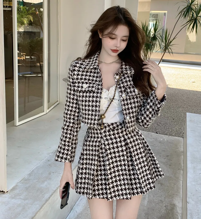 Temperament Matching Sets Retro O Tweed Plaid Jacket Short Long Sleeve Cardigan Slim Top Mini Houndstooth Pleated Skirt Chic