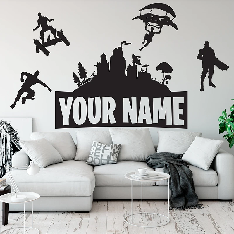 Aangepaste naam muurstickers jongens gaming kamer vinyl sticker kinderen slaapkamer muur decor gamer kamer decoratie accessoires kasteel