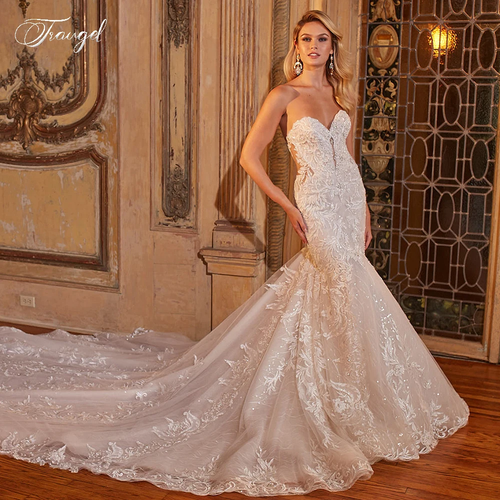 Traugel Sexy Backless Vintage Sweetheart Mermaid Lace Wedding Dresses Elegant Beaded Chapel Train Trumpet Bridal Gown Plus Size