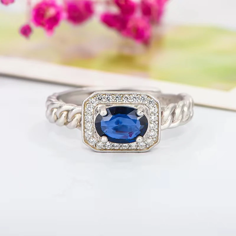 

Newest Blue Sapphire Ring for Women Jewelry Natural Gem Real 925 Silver Engagement Ring Twisted Together Party Date Love Gift