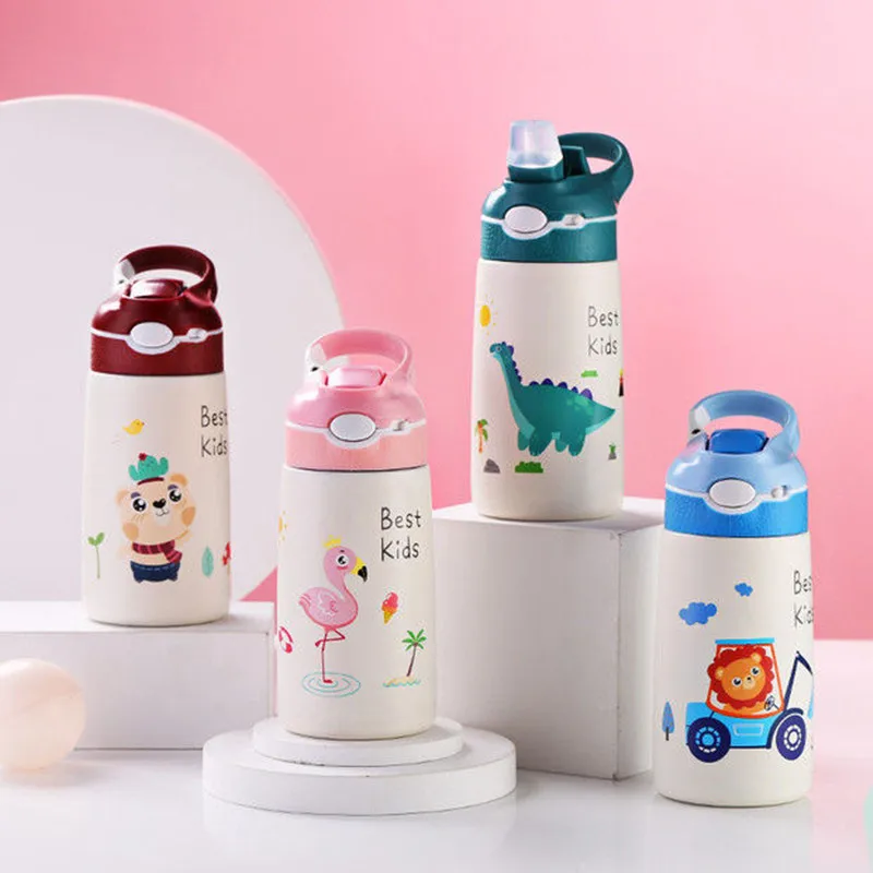 400ML Cartoon Thermos Mug with straw baby Stainless Steel Vacuum Flask spurt mouth Thermos cup for children Thermal Water Bottle