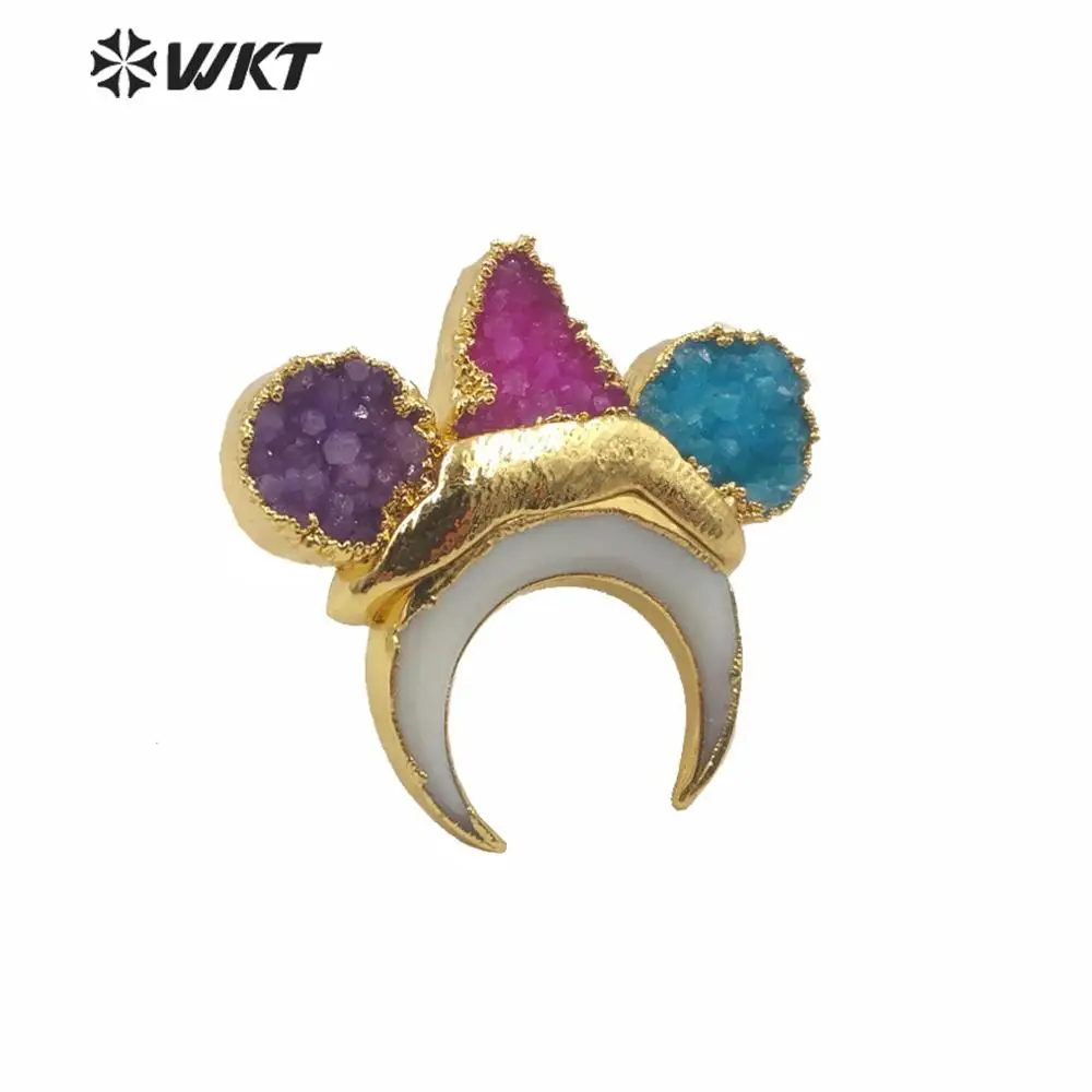 WT-MPR004 Natural Stone Party Ring Druzy Stone And White Shell Crescent Horn Rings US7 Ring Size Ajustable Women Rings