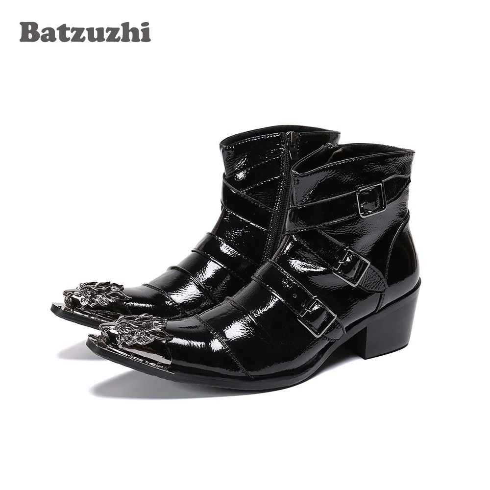 

Batzuzhi Western Punk Men's Boots Pointed Metal Toe Black Leather Ankle Boots Men Black Soft Leather 6.5CM Heels Motorcycle Men