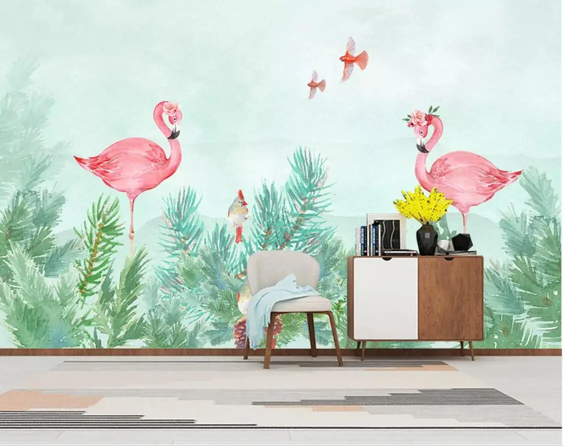 

Flamingo Bird Wallpaper Tropical Mural Printed Photo Paper Home Improvement Green Background Canvas Papel De Parede