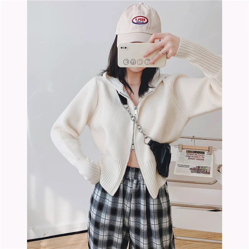 LMQ NEW 2021 Spring Short Hooded Knitted Double Zipper Cardigan Jacket Solid Color Fashion Korean Sweater Tops