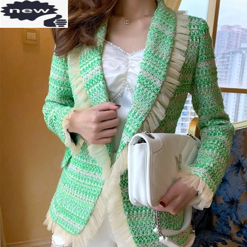 

Tweed Patchwork Mesh Elegant Suit Women 2021 Autumn Green Double Breasted Jacket Female Streetwear Office Slim Short Coat