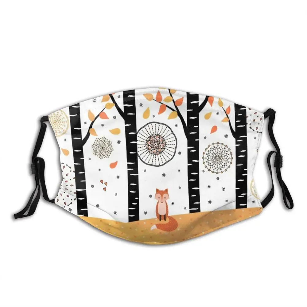 Fox - Birch Trees - Autumn Print Filtro lavável Anti Dust Mouth Mask Fox Fall Autumn Branco Preto Laranja Amarelo Vermelho Frio