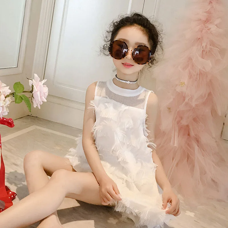 Girls dress summer 2022 new children\'s princess dress baby Kids feather skirt chiffon mesh Dress