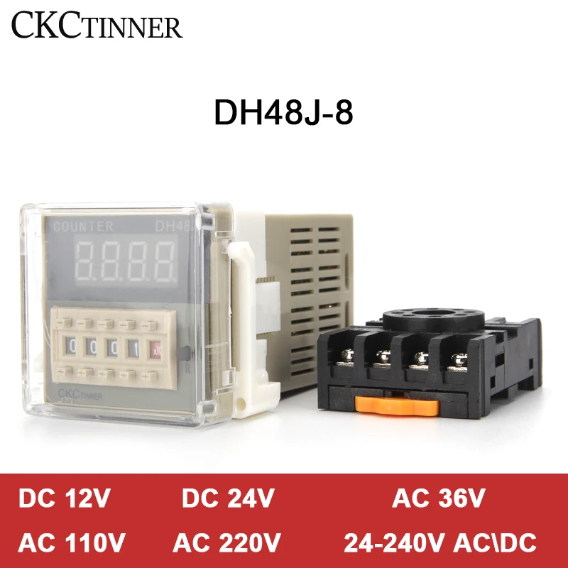 デジタルカウンター,acyclicディスプレイカウンター,1-DH48J-8リレー,8ピン,ベース付き999900,dc12v/24v/36v ac110v/220v/380v