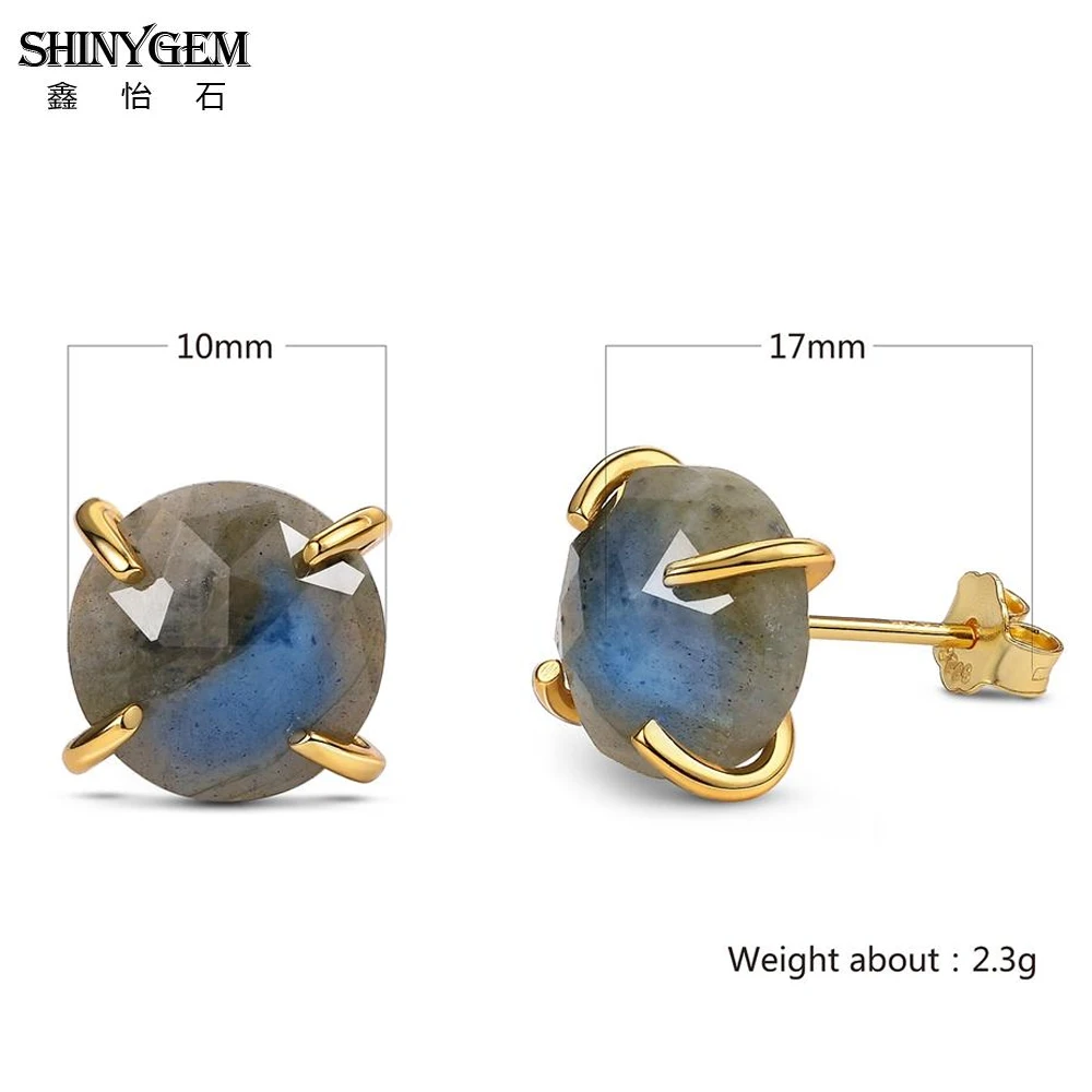 ShinyGem Elegant Cute 10*10mm Natural Labradorite Stud Earrings 925 Silver Gold Plating Charm Grey Gem Stone For Women