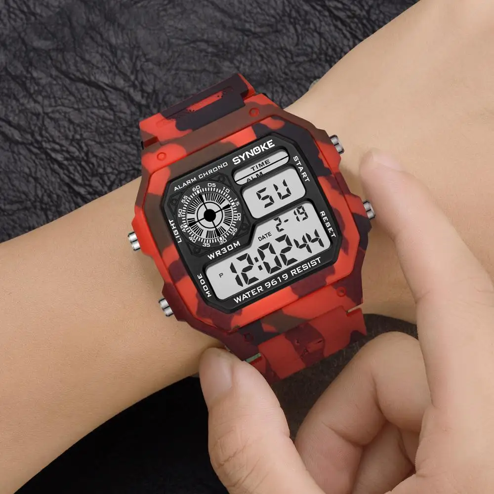 SYNOKE-relojes digitales deportivos para niños, pulsera de camuflaje militar, multifunción, 7 colores, luminosos, resistentes al agua