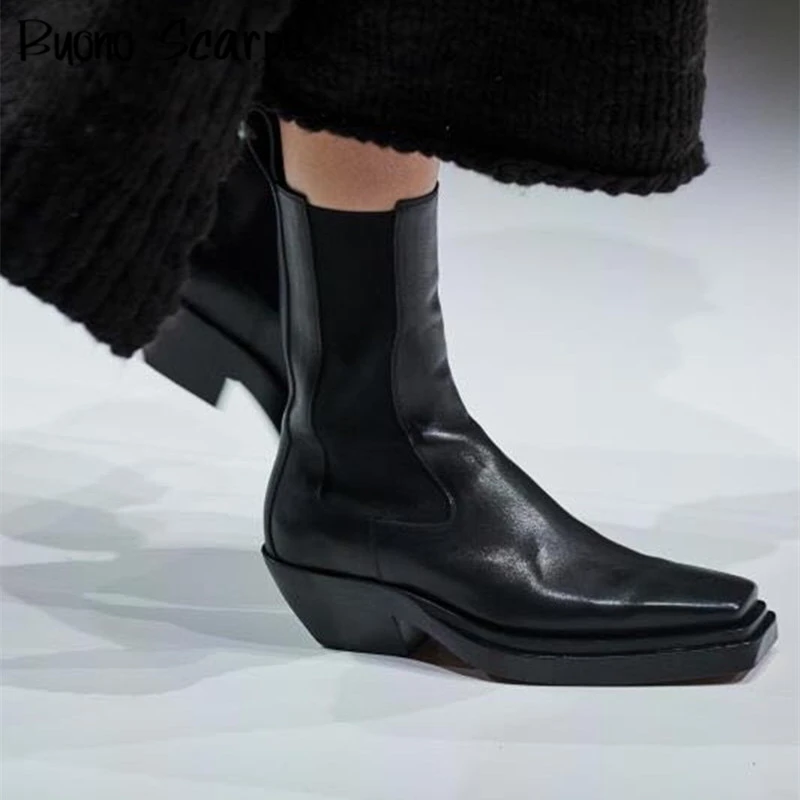 Genuine Leather Chelsea Boots Elastic Casual Chunky Ankle Boots Square Toe Leather Brand Designer Female Shoes Autumn Booties