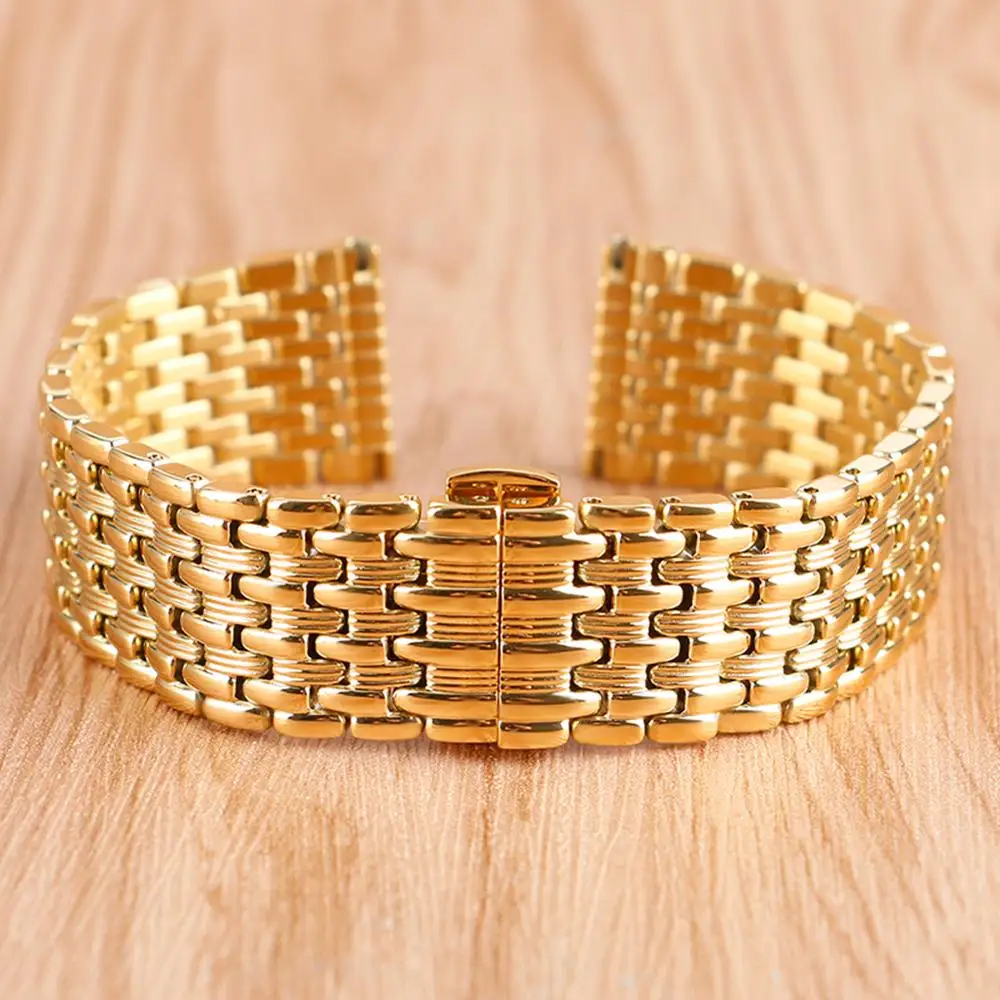 18mm 20mm 22mm Solid Gold Watch Bands Strap Stainless Steel Watchband Adjustable Replacement Fashion Bracelet + 2 Spring Bars