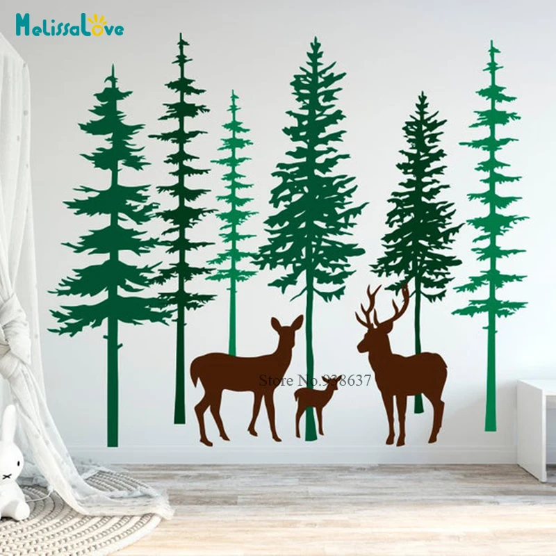 3 Color Pine Trees Deer Woodland Forest And Animal Baby Room Nursery Decal Home Decor Removable Vinyl Wall Stickers BD575