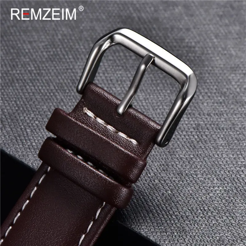 REMZEIM Universal Leather Watchband Strap 16mm 18mm 20mm 22mm 24mm With Stainless Steel Buckle Watch Accessories Black Brown