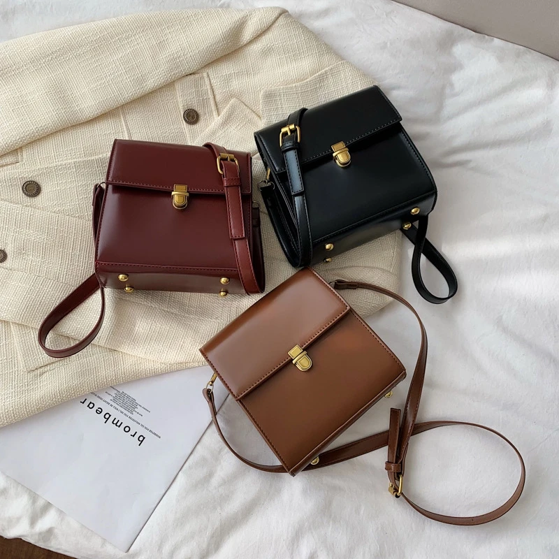 Vintage Solid Color Leather Crossbody Bags For Women Simple Quality Shoulder Messenger Bag Lady Handbags Female Elegant Purses