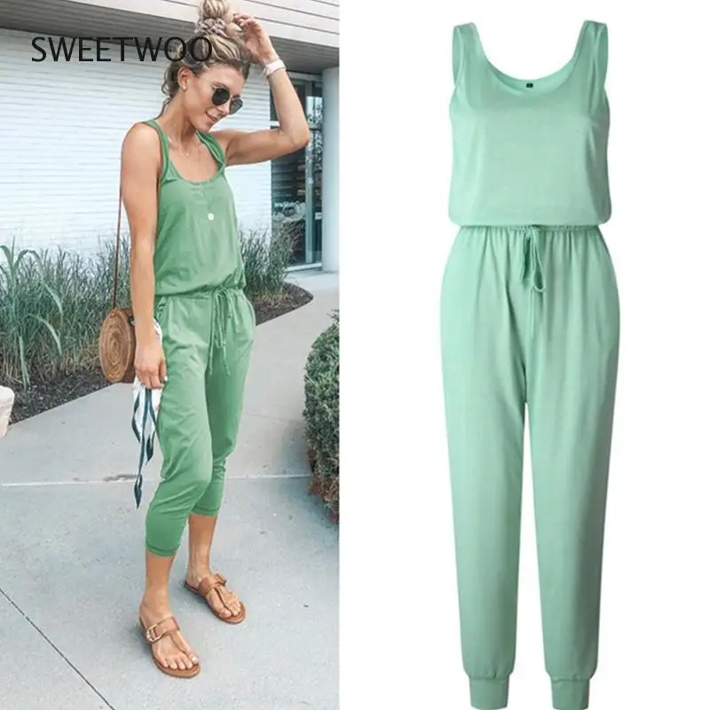 2021 Sexy Sleeveless Solid Belt Jumpsuit Women Summer Casual Pocket Basic Long Romper Slim Beach Jumpsuits Trousers Overalls