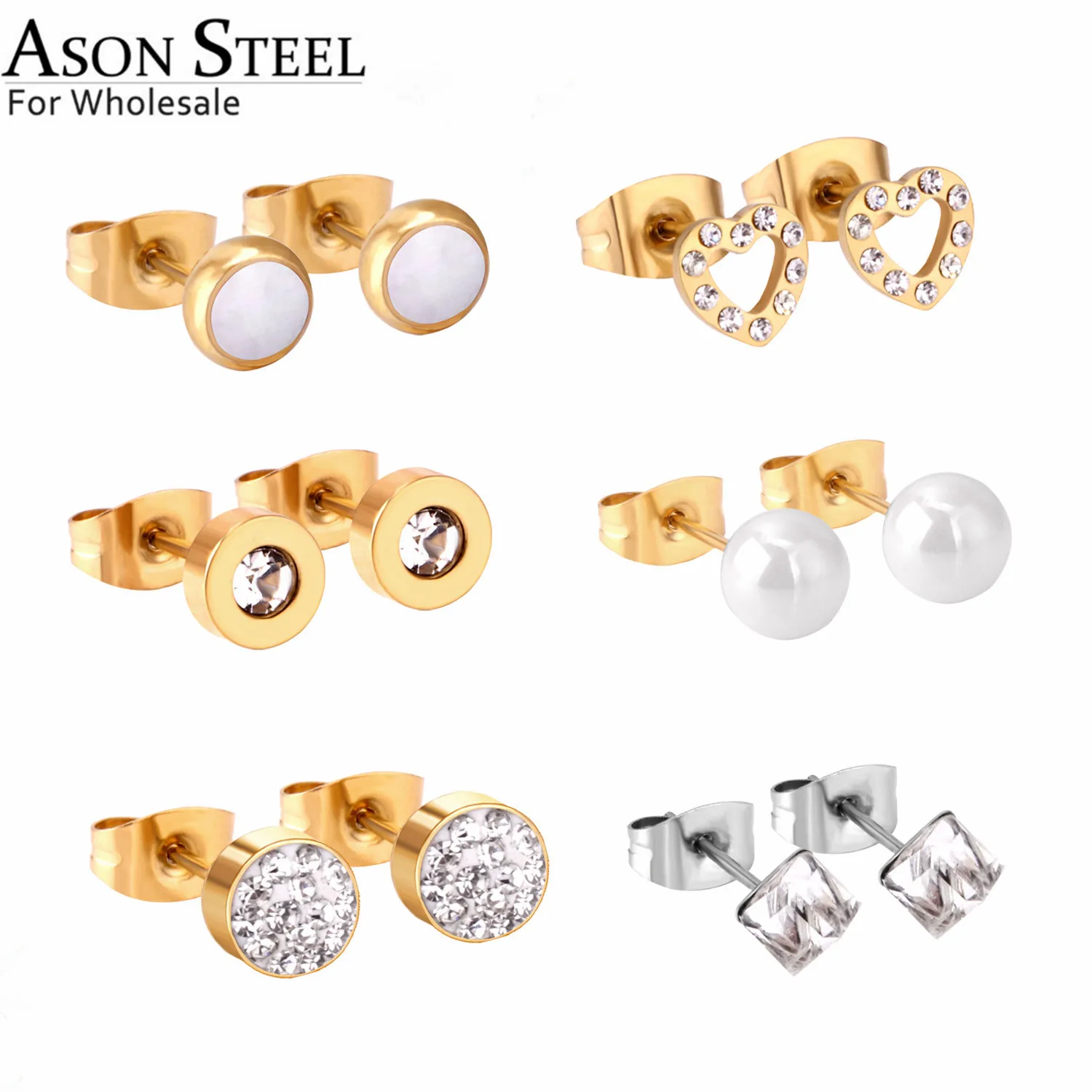 ASONSTEEL 여성용 라운드 스퀘어 큐빅 지르코니아 진주 스터드 귀걸이 세트, 골드 컬러 스테인레스 스틸, 보석 피어싱, 박스당 6 쌍