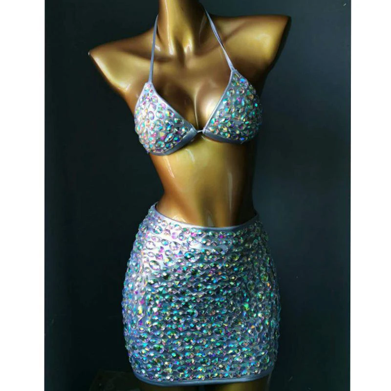 

Bikini Evening Party Set Bling Diamante Carnival Bra Crop Top Crystal Skirt Rave Festival Wear Set Burning Man Outfit Club Wear