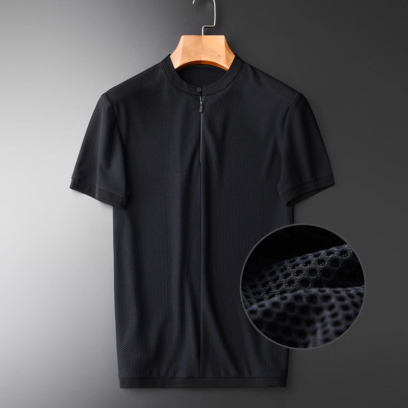 

Summer Thin Mesh Fabric Zipper Stand Collar Short Sleeve New Arrival Ventilate Balck Mens T-shirts Plus Size 4XL