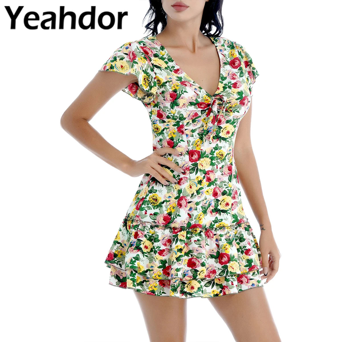 Women Summer Floral Print Dresses Fashion Casual Streetwear V Neck Sleeveless Backless Zipper Closure Above Knee Length Dress