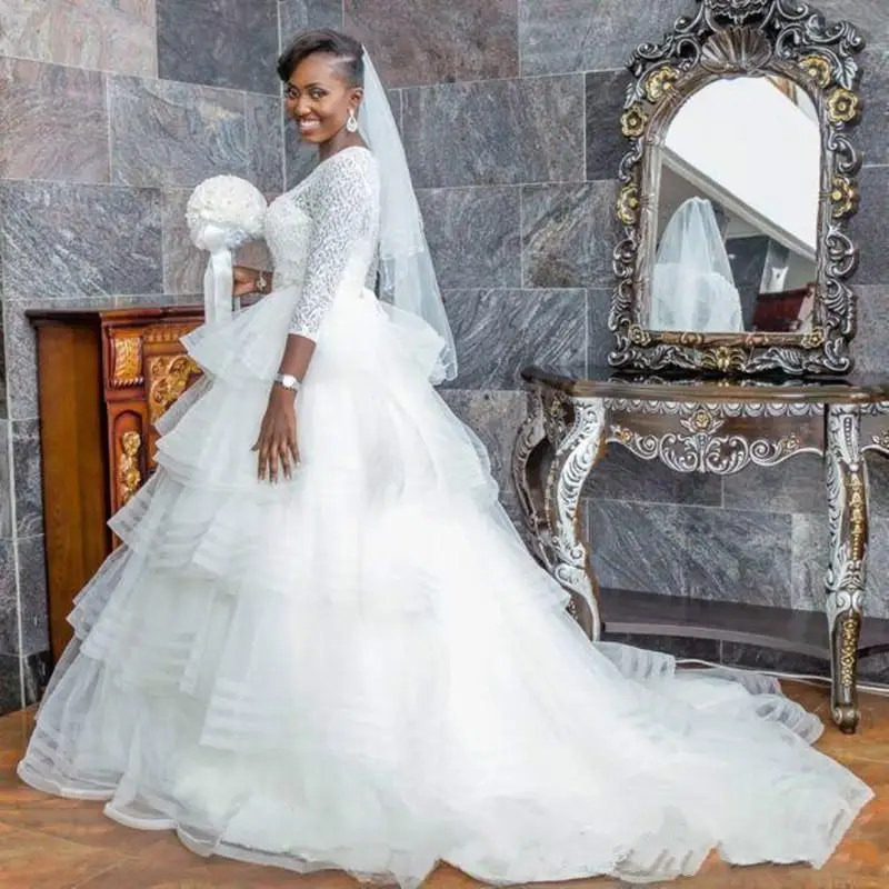 Personalizado novo nigeria vestidos de casamento jóia pescoço mangas compridas rendas vestidos de noiva em camadas saias praia boho plus size